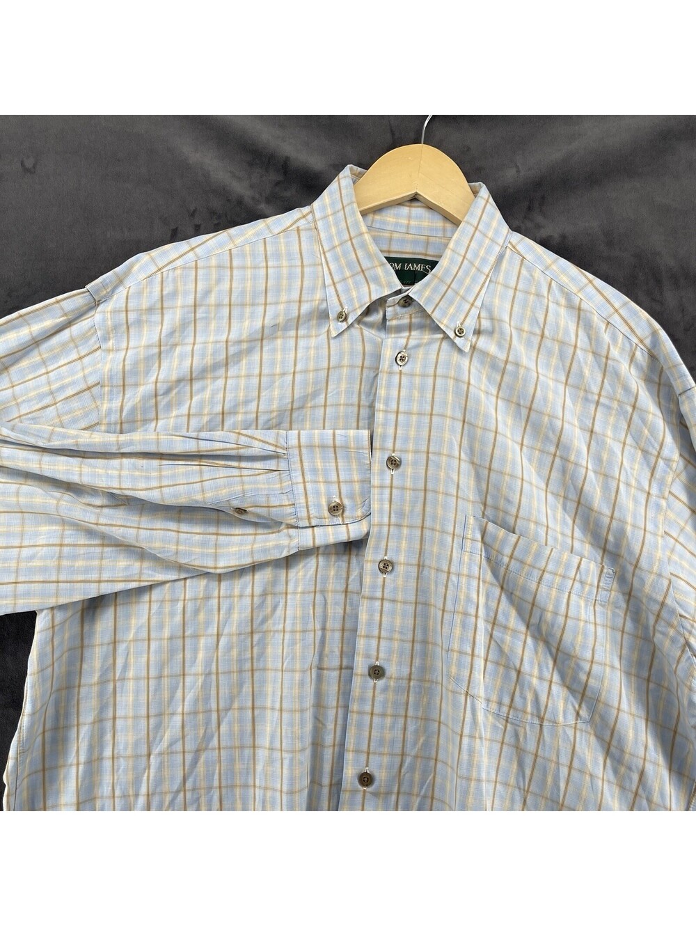 Tom James Men’s L Made in USA 100% Cotton Blue Gold Plaid Shirt